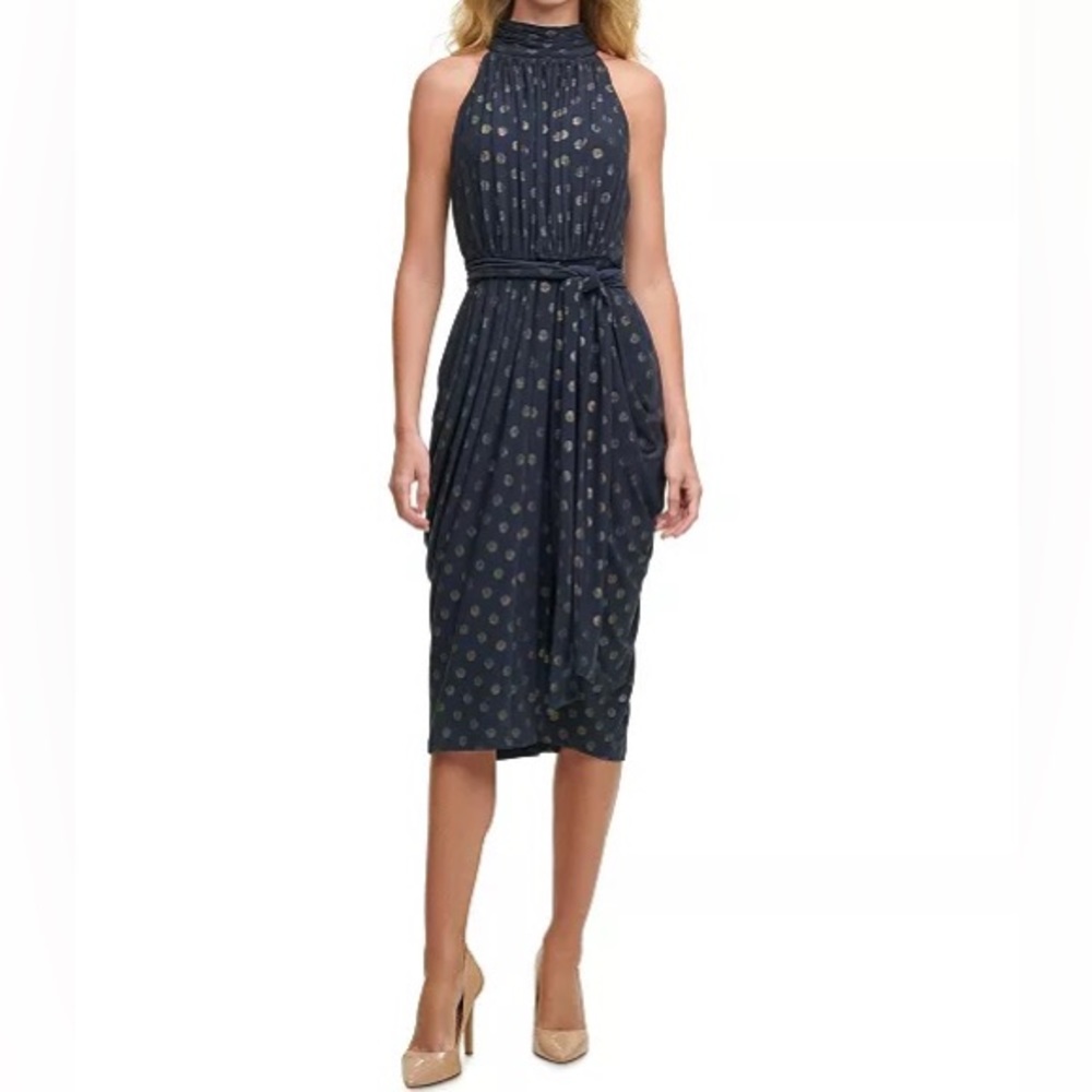 NWT TOMMY HILFIGER Navy and Gold Glitter Dot Mock-Neck Dress